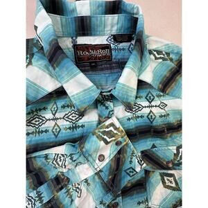 Rock & Roll Cowboy Shirt Mens XXL Black Blue Aztec Western Pearl Snap Southwest